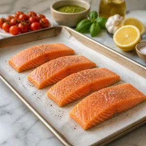 Raw salmon fillets seasoned on a parchment-lined baking sheet