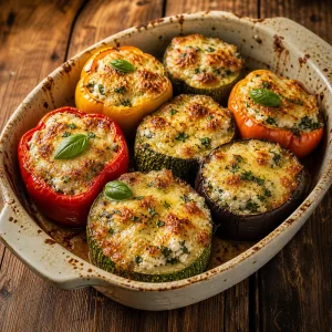 Запеченные фаршированные перцы, цукини и баклажаны с золотистой сырной корочкой