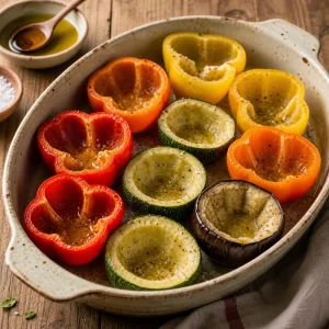 Перцы, цукини и баклажаны с маслом и специями в форме для запекания