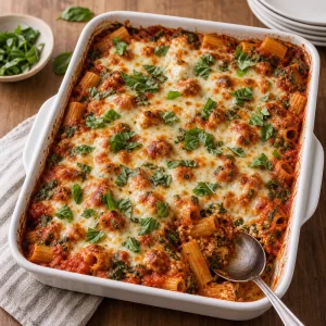 Baked rigatoni topped with torn basil and ready to serve