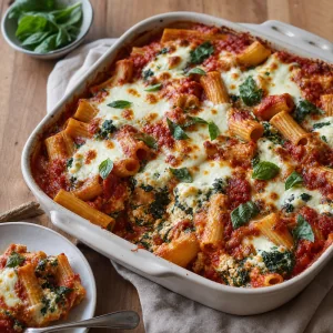 Baked rigatoni with spinach, ricotta, marinara, mozzarella, and basil