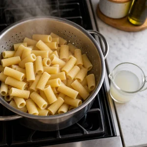 Cooked rigatoni in a colander with reserved pasta water nearby