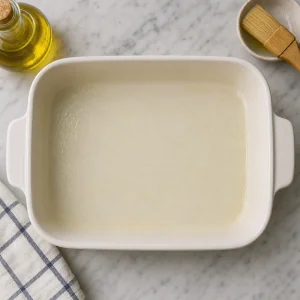 Oiled rectangular baking dish on a kitchen counter