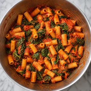 Rigatoni tossed with marinara sauce and wilted spinach