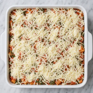 Unbaked rigatoni casserole covered with shredded mozzarella
