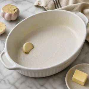 A buttered baking dish prepared with garlic