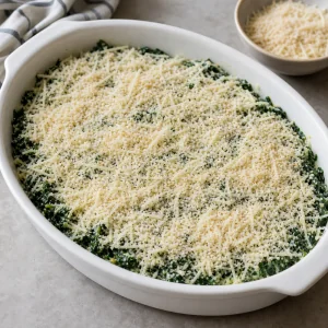 Breadcrumb and cheese topping on spinach