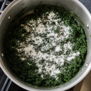Flour sprinkled over cooked spinach