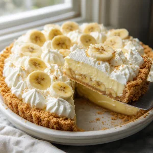 A sliced wedge of banana cream pie showing the layers