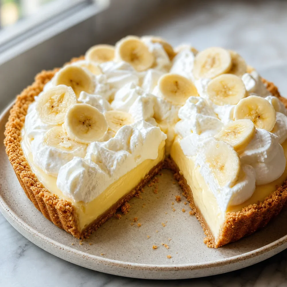 Finished banana cream pie with whipped cream and banana slices