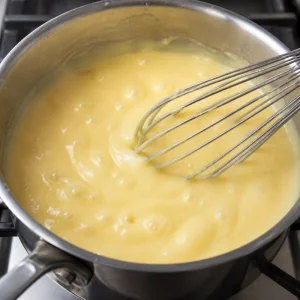 Thick vanilla custard whisked in a saucepan
