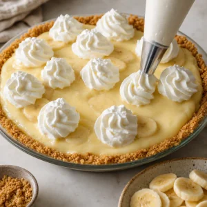 Whipped cream piped onto the chilled banana pie