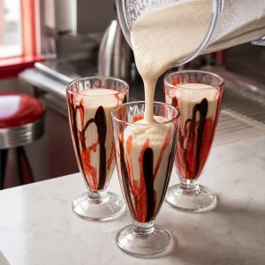 Banana milkshake poured into glasses with strawberry and chocolate sauces
