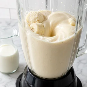 Bananas and vanilla ice cream blending into a thick milkshake