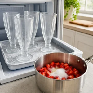 Chilled milkshake glasses beside strawberries and sugar in a saucepan