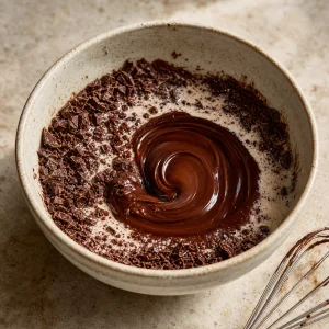 Chopped chocolate melting with cream into a smooth sauce