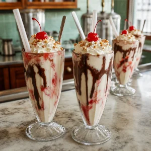 Finished banana split milkshakes topped with whipped cream and cherries