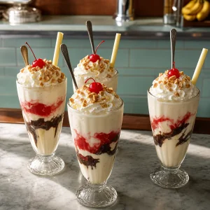 Four banana split milkshakes with whipped cream, peanuts, and cherries