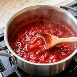 Glossy strawberry sauce simmering in a saucepan