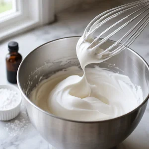 Whipped cream holding soft peaks in a mixing bowl