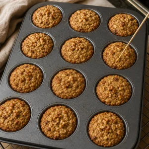Baked oatmeal cups checked with a toothpick