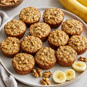 Vasitos de avena horneada con plátano y nueces en un plato