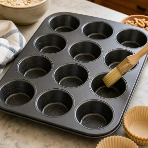 Greased muffin tin prepared for oatmeal cups