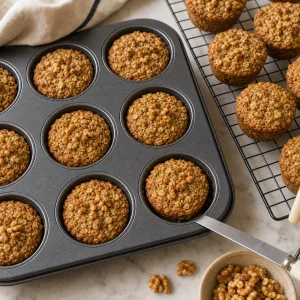 Oatmeal cups cooling on a wire rack