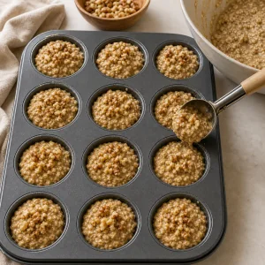 Oatmeal mixture portioned into a muffin tin