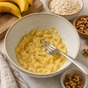 Ripe bananas mashed in a mixing bowl