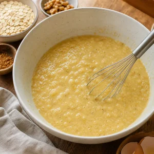 Wet ingredients whisked into mashed banana