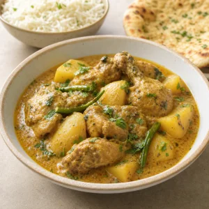 Bangladeshi chicken korma with potatoes served with rice and naan