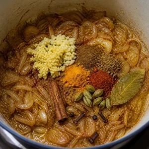 Garlic ginger and whole spices added to golden onions