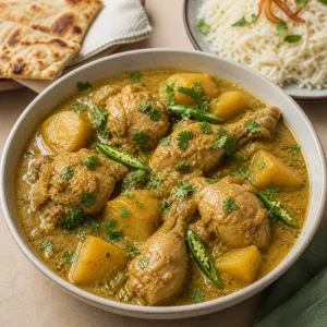 Garnished chicken korma with potatoes served beside rice and flatbread