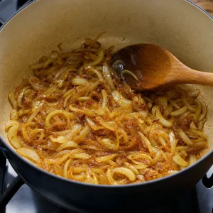 Golden sliced onions cooking in oil and ghee