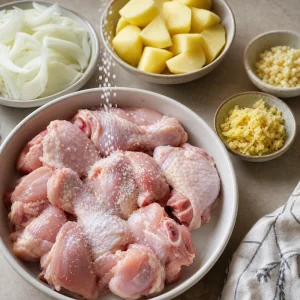 Raw chicken seasoned with salt beside onions potatoes ginger and garlic