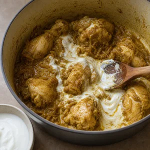 Yogurt stirred into spiced chicken and onions