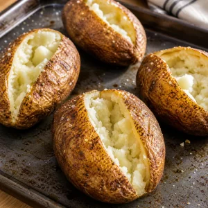 Baked potatoes sliced open with fluffy centers exposed