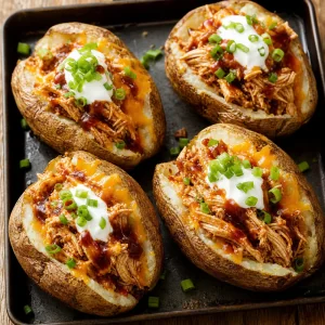 Batatas assadas recheadas com frango BBQ, cheddar, creme azedo e cebolinha