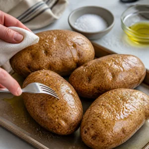 Raw russet potatoes rubbed with oil and salt before baking