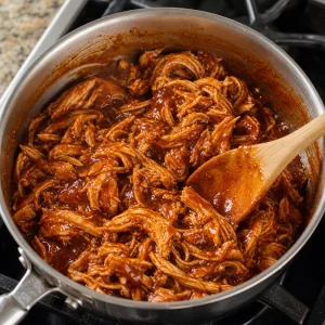 Shredded chicken warming in barbecue sauce in a saucepan