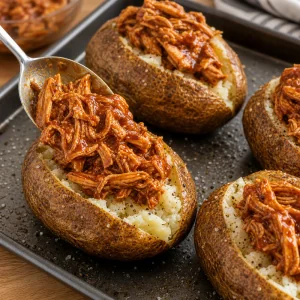 Warm barbecue chicken spooned into fluffed baked potatoes