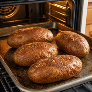 Whole russet potatoes baking until the skins are crisp