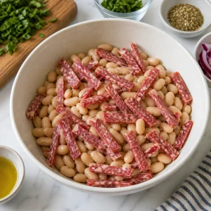 Cannellini-Bohnen in einer Schüssel mit dünnen Soppressata-Streifen