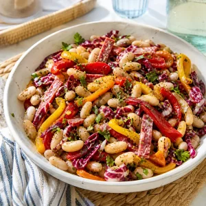 Finished white bean salad with roasted peppers, radicchio, herbs, and soppressata