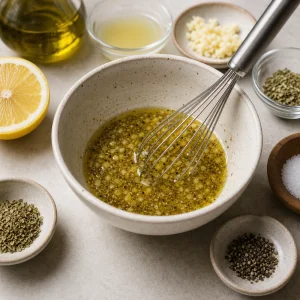 Glänzende Vinaigrette wird mit Knoblauch, Oregano, Zitrone und Olivenöl verquirlt