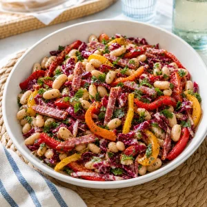 Durchgezogener Bohnensalat servierbereit in einer flachen Schüssel