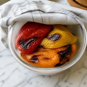 Geröstete Paprika ruhen in einer abgedeckten Schüssel, damit sich die Haut löst