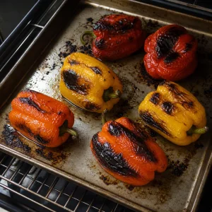Ganze Paprika mit Blasen und Röststellen auf einem Blech mit Rand