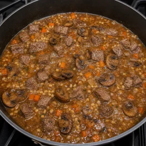 Beef and barley simmering in broth